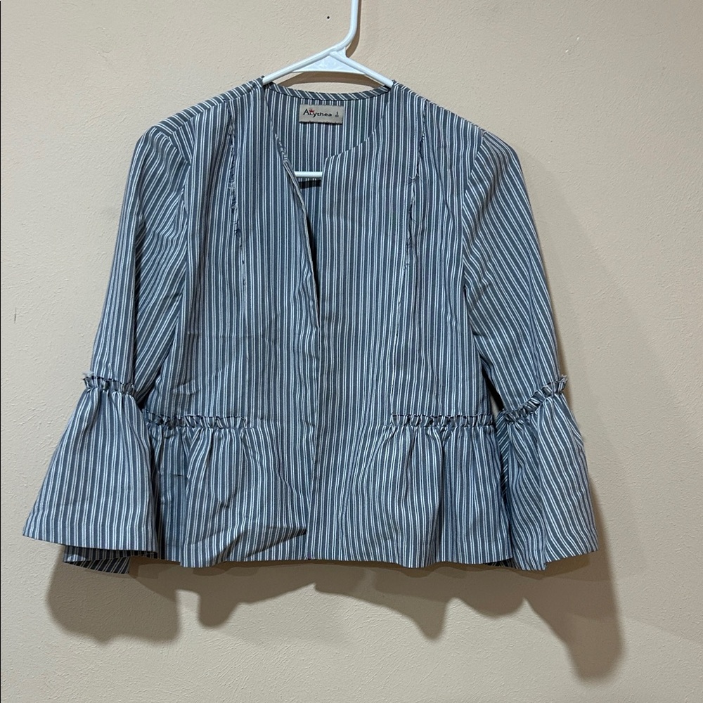 Alythea Blue Striped Blouse with Ruffle Sleeves